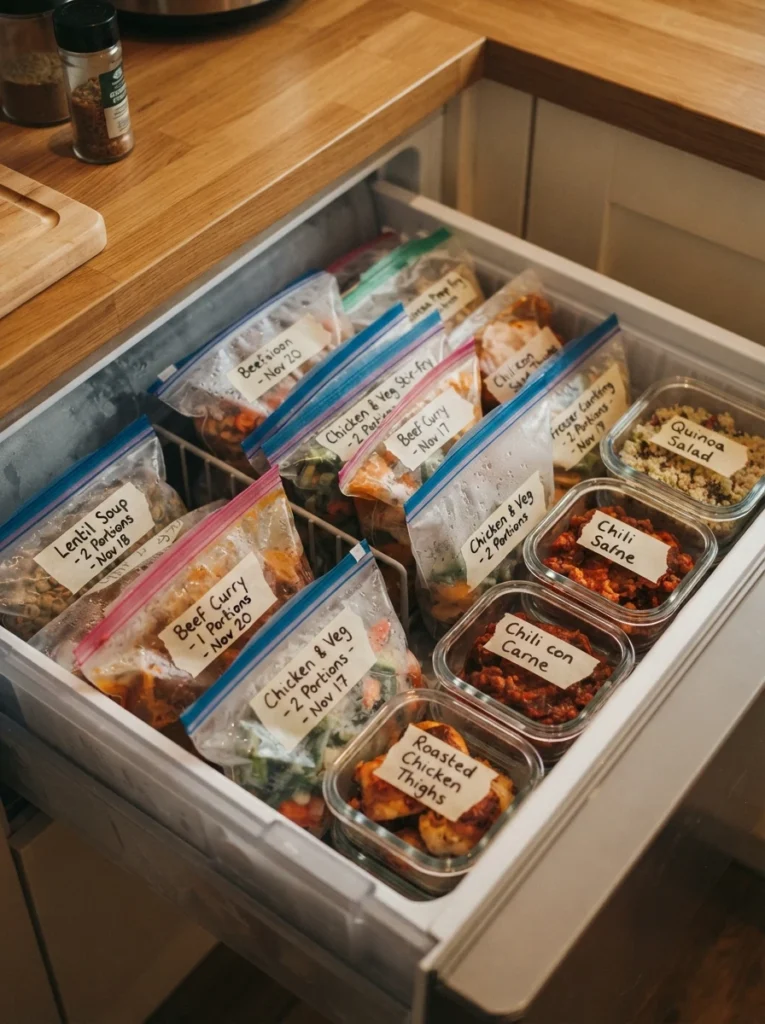 Freezer bags and containers stored vertically like books on a shelf, meal prep clearly visible, warm kitchen lighting, vertical Pinterest photography, warm vertical styling.