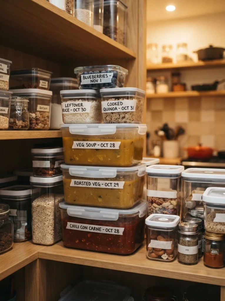 Square and rectangular freezer-safe containers stacked neatly, maximizing shelf space, warm kitchen lighting, vertical Pinterest photography, warm efficient styling.