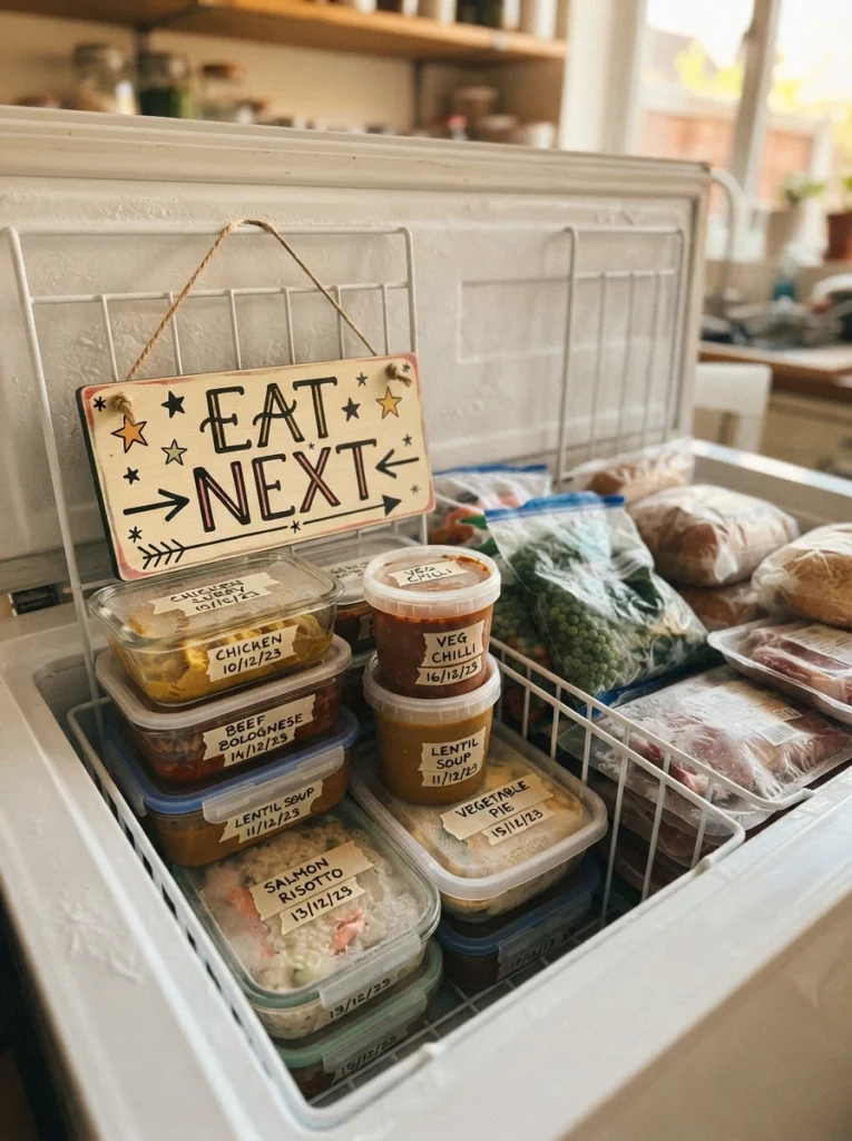 A small labeled section in a freezer marked as "eat next," holding meals that need to be used soon, warm kitchen lighting, vertical Pinterest photography, warm priority styling.