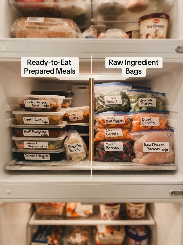 A freezer shelf divided between ready-to-eat prepared meals and raw ingredient bags, clearly separated, warm kitchen lighting, vertical Pinterest photography, warm separated styling.