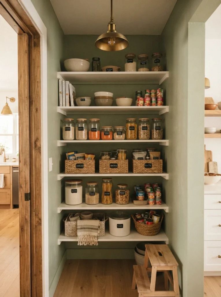 Freshly painted pantry walls and shelving, using leftover paint from a previous project, warm kitchen lighting, vertical Pinterest photography, warm refreshed styling.