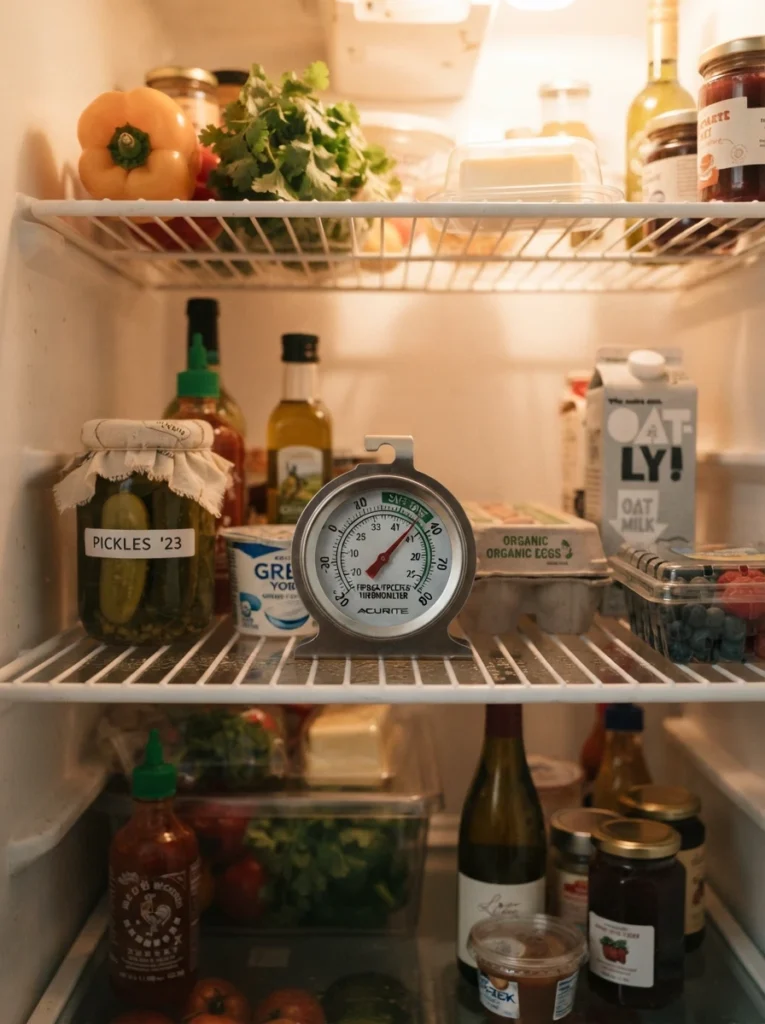 A fridge thermometer placed on a refrigerator shelf, digital or dial display visible, warm kitchen lighting, vertical Pinterest photography, warm temperature-check styling.