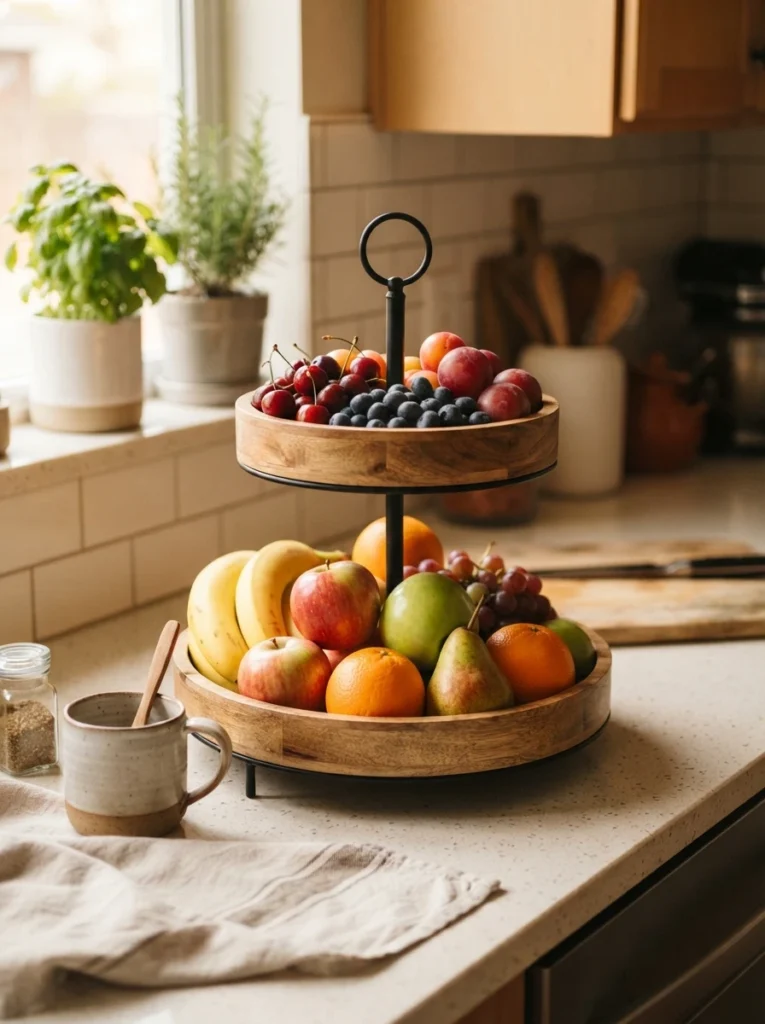 A two-tiered fruit bowl on a kitchen counter, stacked to save horizontal space, warm kitchen lighting, vertical Pinterest photography, warm vertical-stacking styling.
