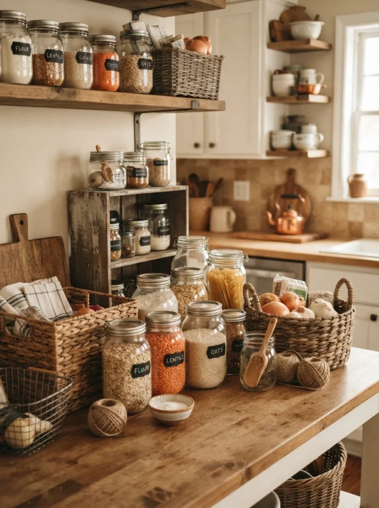 A collection of repurposed jars, baskets, and shelving gathered from around a house, ready to use in a pantry, warm kitchen lighting, vertical Pinterest photography, warm resourceful styling.