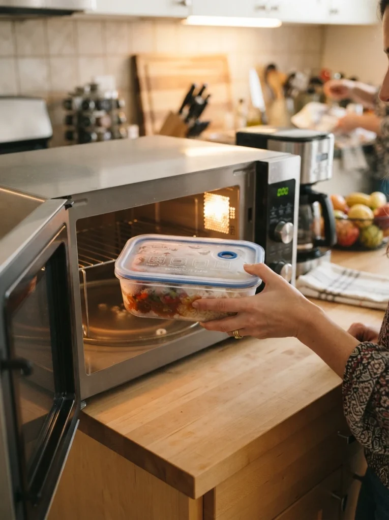 A glass container going from a freezer directly into a microwave, labeled as safe for both, warm kitchen lighting, vertical Pinterest photography, warm multi-use styling.