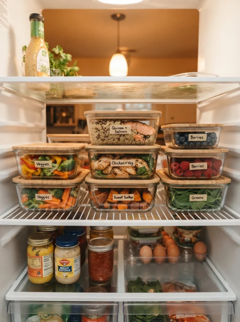 Rectangular glass containers stacked neatly on a refrigerator shelf, maximizing space, warm kitchen lighting, vertical Pinterest photography, warm stacked styling.