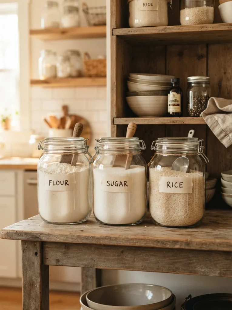 Wide-mouth glass jars filled with flour, sugar, and rice on a pantry shelf, warm kitchen lighting, vertical Pinterest photography, warm accessible styling.