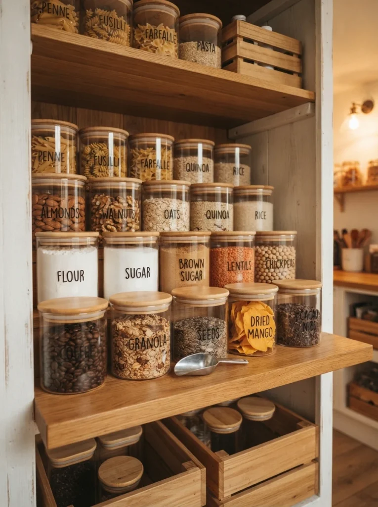 A pantry shelf using one consistent container material throughout, clear glass jars uniform in style, warm kitchen lighting, vertical Pinterest photography, warm consistent-material styling.