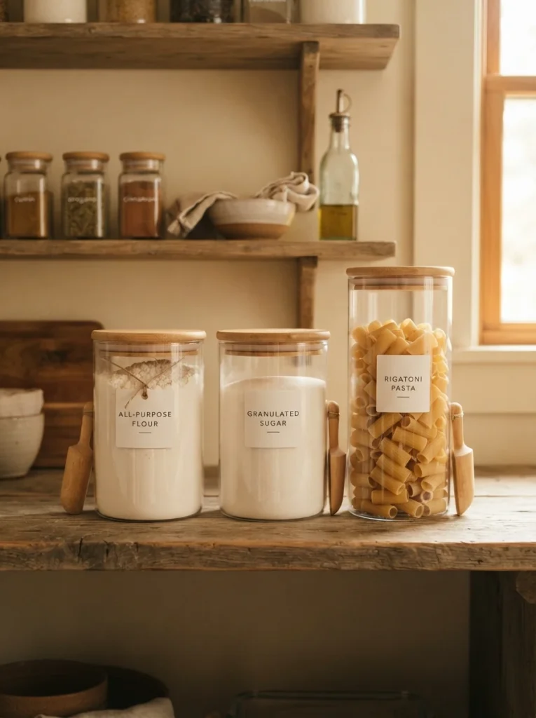 A few matching glass jars holding flour, sugar, and pasta at eye level on a pantry shelf, warm kitchen lighting, vertical Pinterest photography, warm selective-decanting styling.