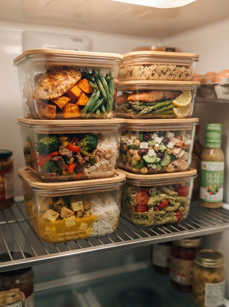 Clear glass meal prep containers filled with prepared meals, stacked visibly in a refrigerator, warm kitchen lighting, vertical Pinterest photography, warm visible-meal styling.