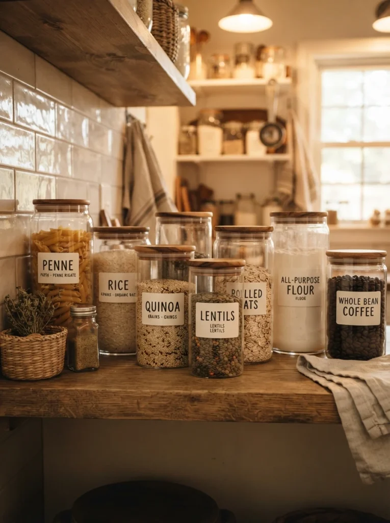 Glass pantry jars with labels on the front of the jar itself, contents clearly marked, warm kitchen lighting, vertical Pinterest photography, warm labeled styling.