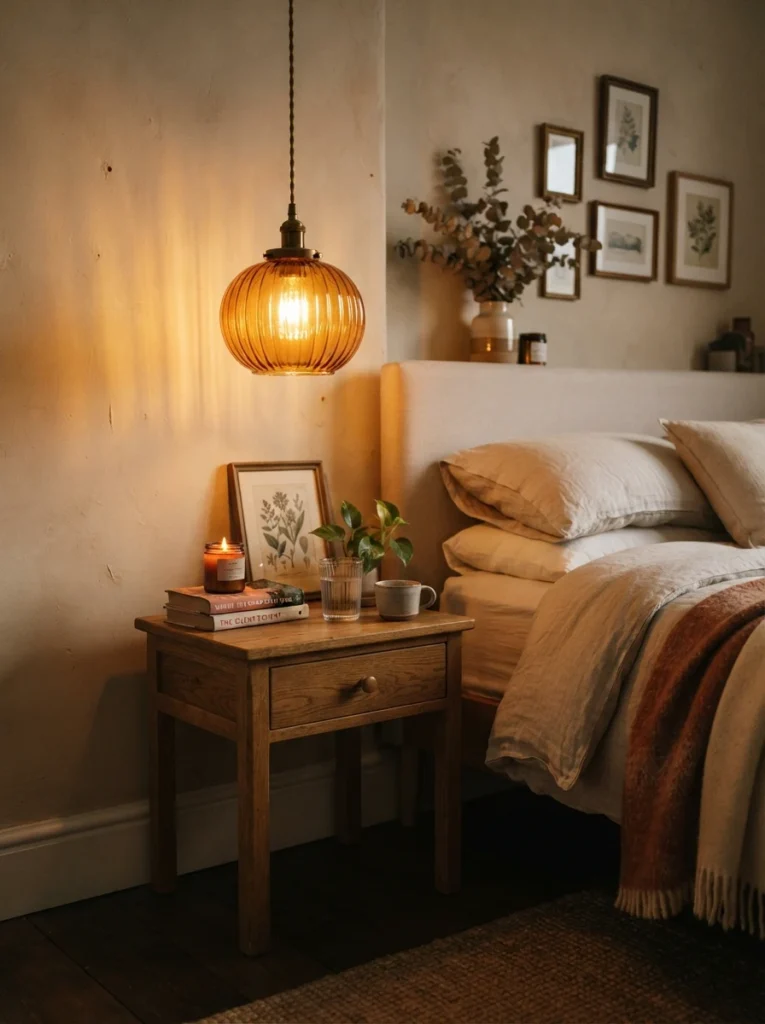 A warm amber glass pendant light hanging over a small nightstand, golden tinted glow filtering through the colored glass, cozy neutral bedroom styling, evening ambiance, vertical Pinterest photography, warm rich tones.