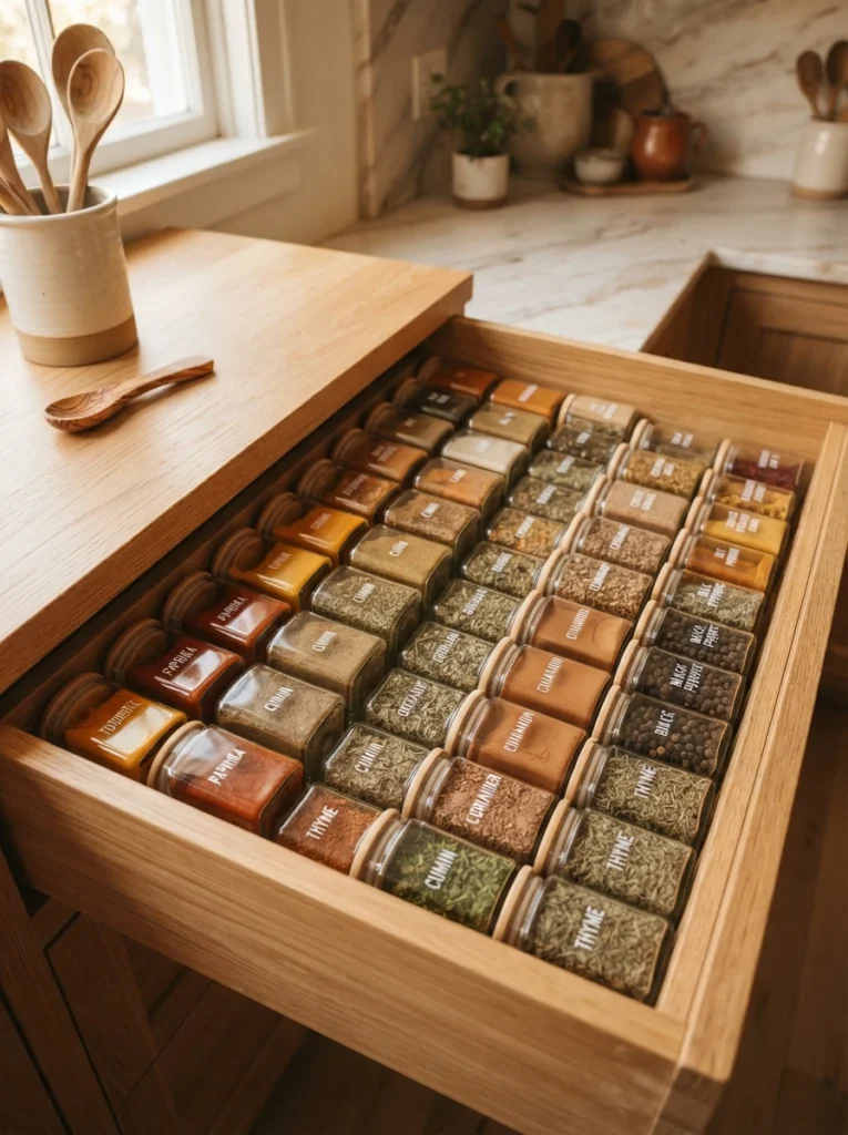 Square glass spice jars lined up neatly inside a drawer, no gaps between them, warm kitchen lighting, vertical Pinterest photography, warm stable styling.