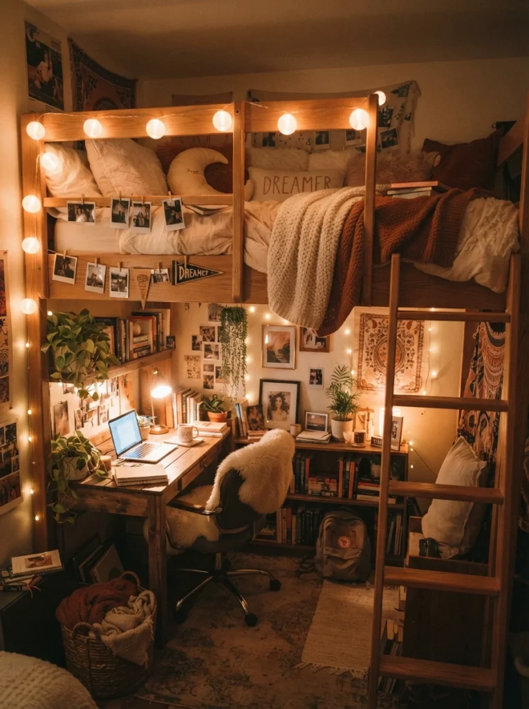 Warm globe string lights hung along the edge of a lofted dorm bed, soft glowing spheres, cozy compact room below, evening ambiance, vertical Pinterest photography, warm dreamy tones.