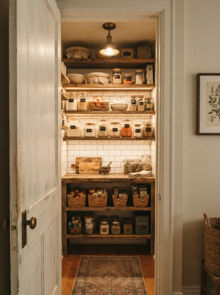 A hallway closet converted into a butler's pantry with shelves of organized food storage, door open, warm lighting, vertical Pinterest photography, warm repurposed styling.