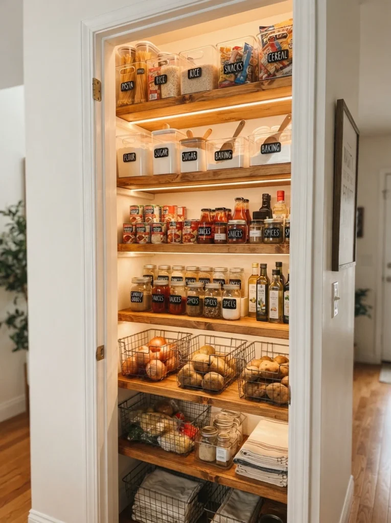 A transformed hallway closet converted into a food pantry with custom wooden shelves, labeled clear bins, and bright lighting, vertical Pinterest photography, warm closet-conversion styling.