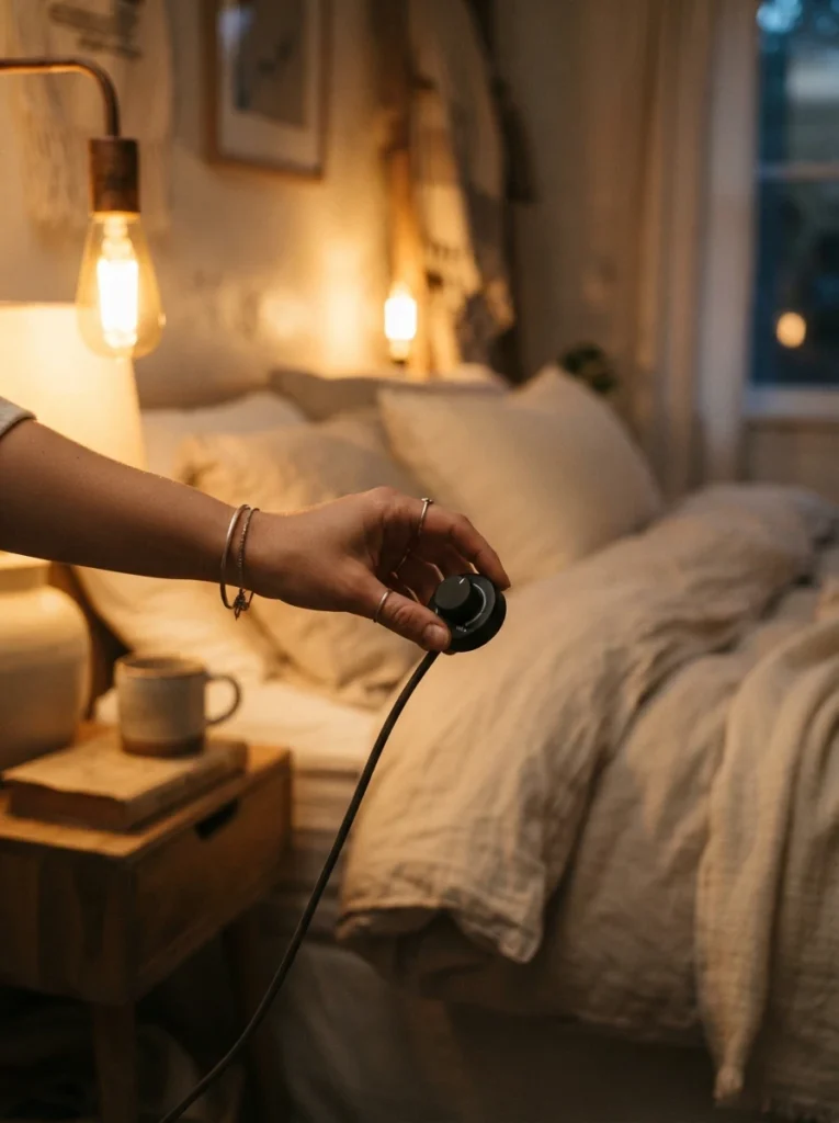  Close-up of a hand adjusting a small dimmer switch on a bedside lamp cord, warm golden light glowing softly in a cozy bedroom background, neutral linen bedding, evening ambiance, vertical Pinterest photography, warm intimate detail shot.