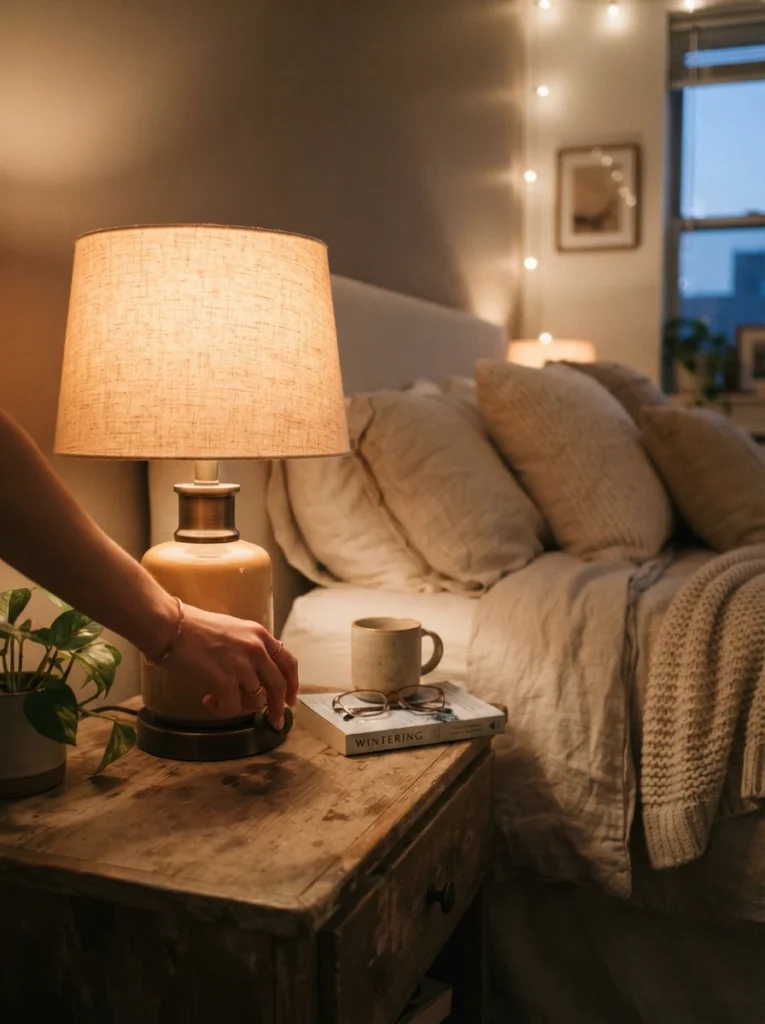 A hand adjusting a dimmer switch on a bedside lamp in a small apartment bedroom, warm light fading gradually, cozy neutral bedding, evening ambiance, vertical Pinterest photography, warm intimate detail shot.