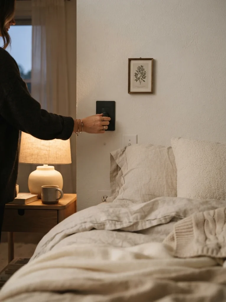 A hand adjusting a dimmer switch on a bedroom wall, warm light softening in response, cozy neutral bedding nearby, evening ambiance, vertical Pinterest photography, warm functional detail.