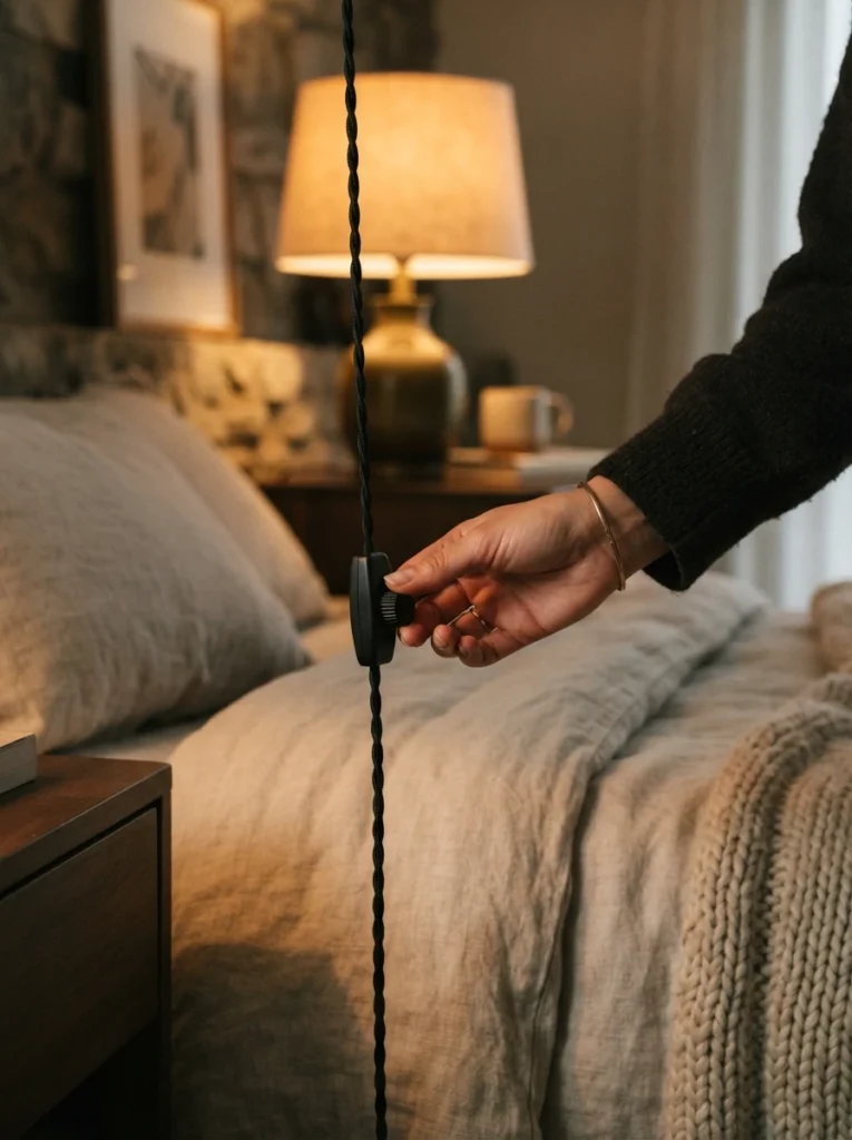 Close-up of a hand adjusting a small dimmer switch on a bedside lamp cord, warm golden light glowing softly in a cozy bedroom background, neutral linen bedding, evening ambiance, vertical Pinterest photography, warm intimate detail shot.