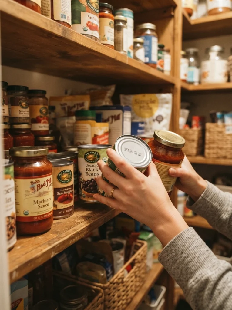 A hand checking expiration dates on items pulled from the back of a deep pantry shelf, warm kitchen lighting, vertical Pinterest photography, warm purge-focused styling.