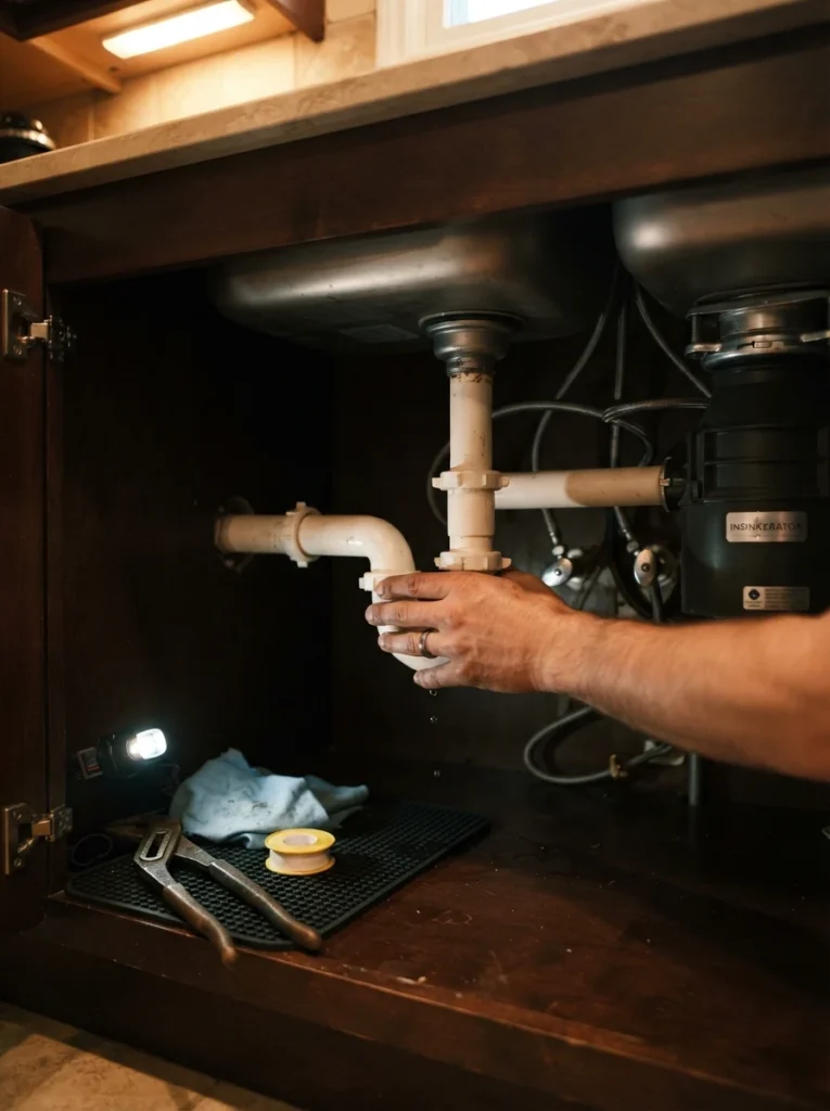 A hand checking a P-trap pipe connection under a kitchen sink for leaks, tools visible nearby, warm kitchen lighting, vertical Pinterest photography, warm maintenance-focused styling.