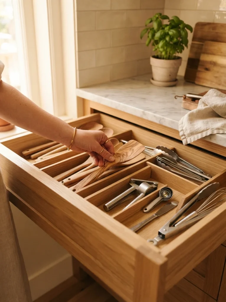 A hand tidying an organized kitchen drawer during a quick maintenance reset, warm kitchen lighting, vertical Pinterest photography, warm maintenance styling.