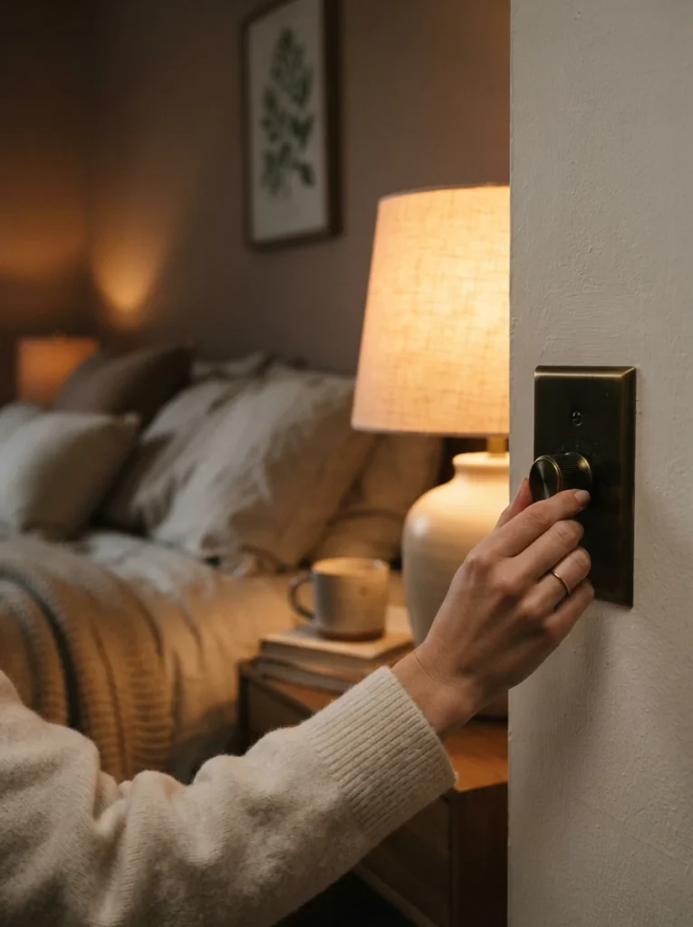 A hand slowly turning down a dimmer switch on a warm bedside lamp, soft golden light fading gradually, cozy bedroom in the background, evening wind-down routine, vertical Pinterest photography, warm intimate detail shot.