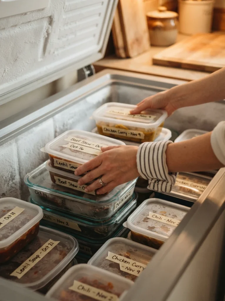 Hands restacking freezer meals, older items moved to the front and newer ones placed behind, warm kitchen lighting, vertical Pinterest photography, warm rotation-habit styling.