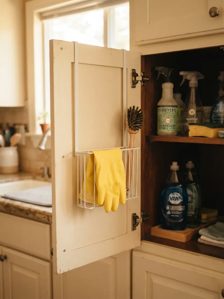A hanging caddy mounted on the inside of a cabinet door, holding rubber gloves and a scrub brush, cabinet open, warm kitchen lighting, vertical Pinterest photography, warm door-mounted styling.