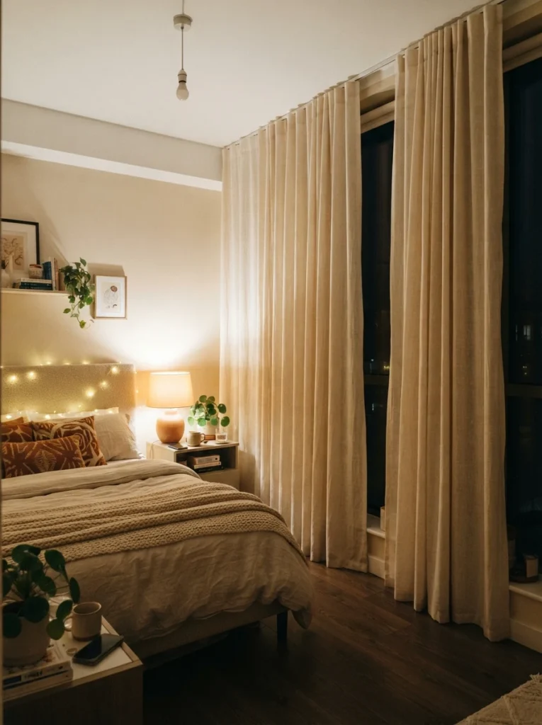 Floor-to-ceiling curtains hung close to the ceiling in a small apartment bedroom, warm lamp glow below, cozy elevated atmosphere, evening ambiance, vertical Pinterest photography, warm tall-room illusion.