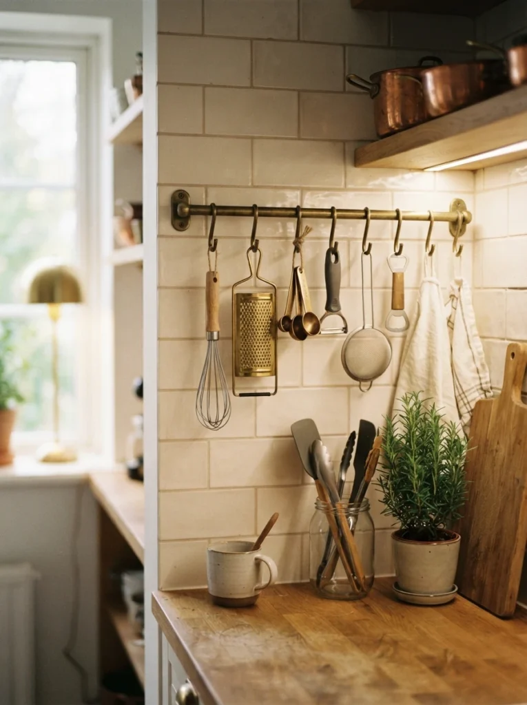 A wall-mounted rail system near the counter, holding small hanging kitchen gadgets, warm kitchen lighting, vertical Pinterest photography, warm rail-mounted styling.