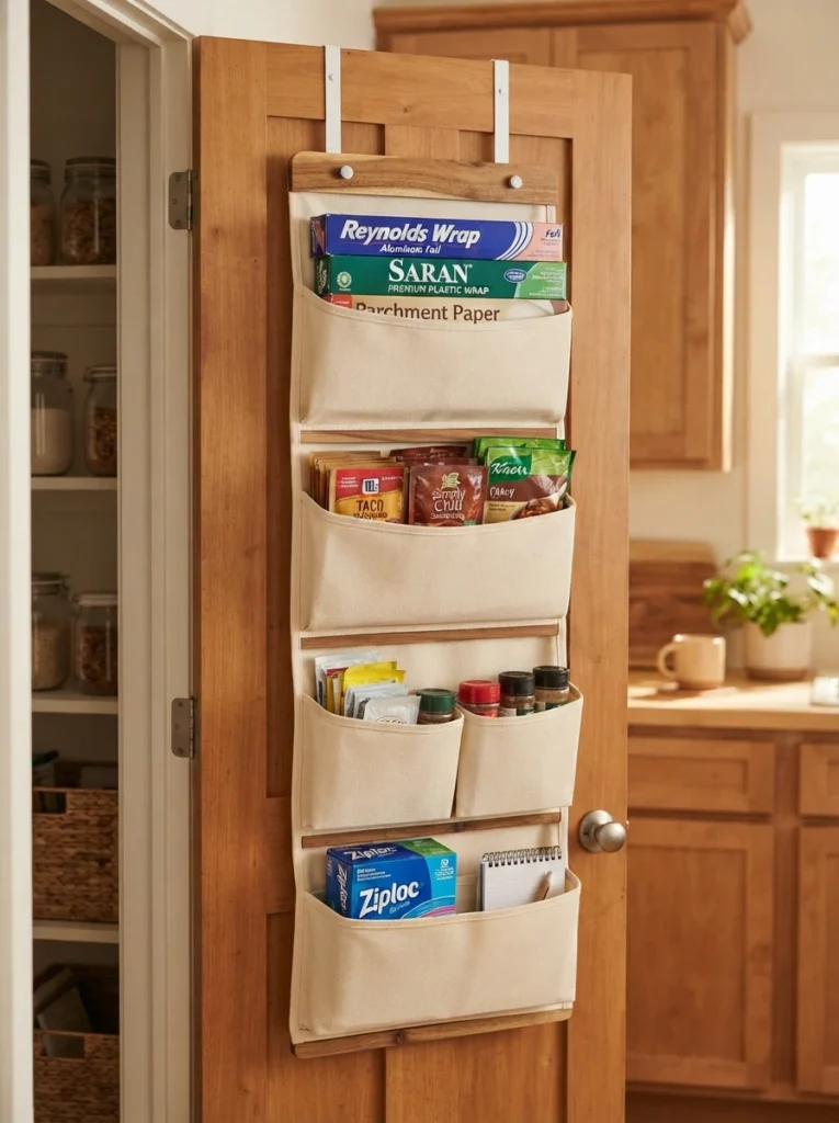 A hanging organizer on the back of a pantry door, holding foil, plastic wrap, and seasoning packets, warm kitchen lighting, vertical Pinterest photography, warm door-storage styling.