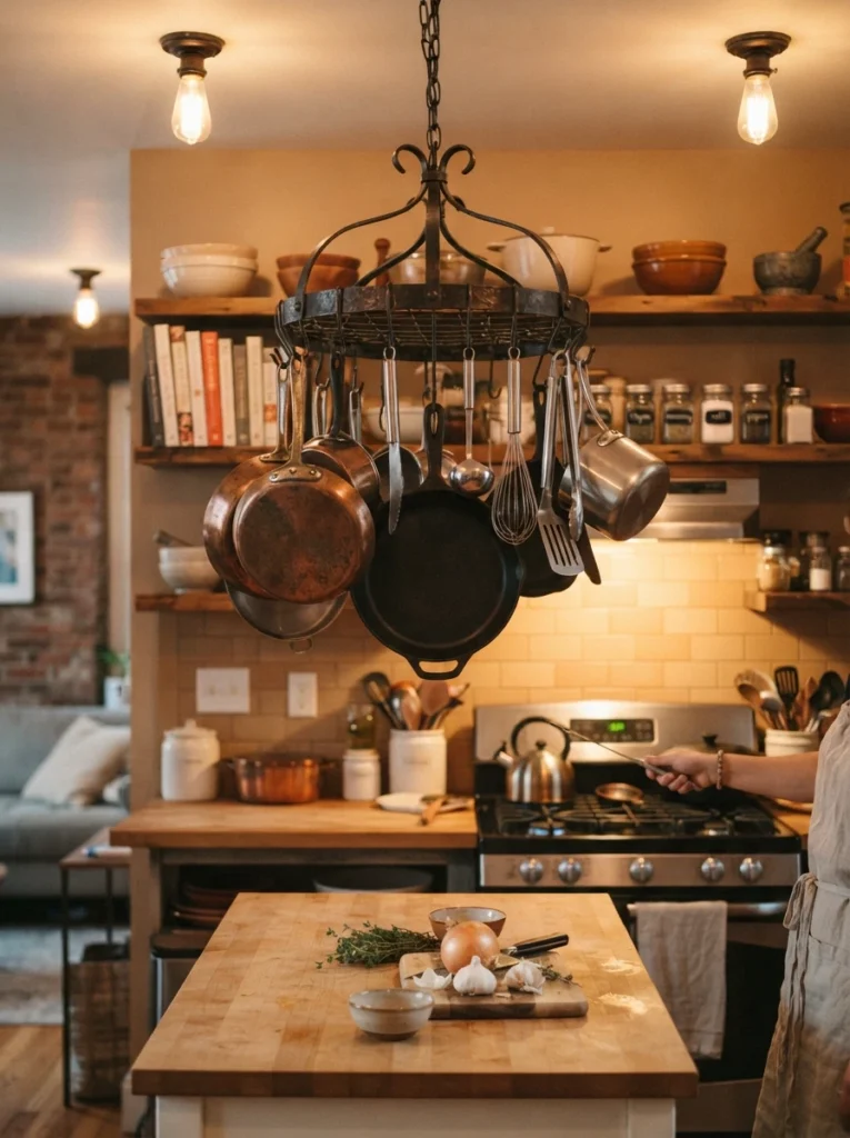 ![A hanging pot rack in a studio kitchen, pots and pans suspended and visible, warm kitchen lighting, vertical Pinterest photography, warm ceiling-mounted styling.]
