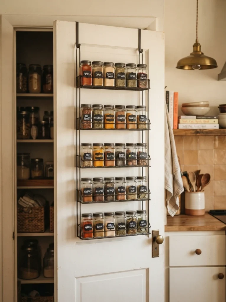A hanging spice rack draped over the top of a pantry door, filled with labeled spice jars, warm kitchen lighting, vertical Pinterest photography, warm hanging styling.