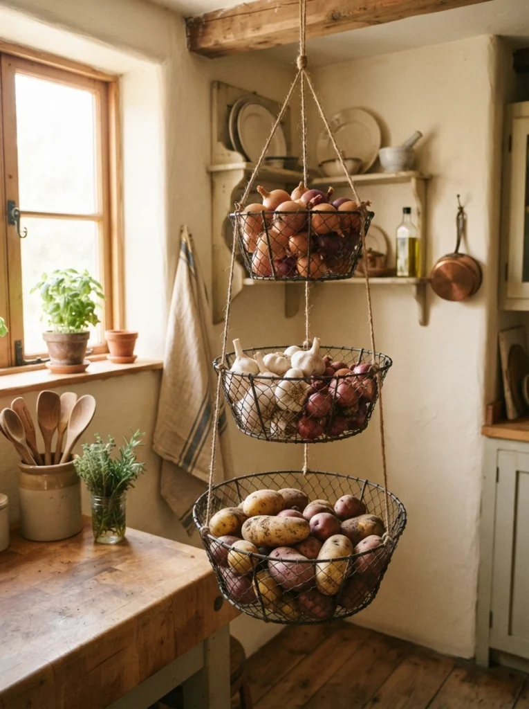 Tiered wire hanging baskets suspended in a small kitchen, filled with onions, garlic, and potatoes, warm natural light, vertical Pinterest photography, warm rustic styling.