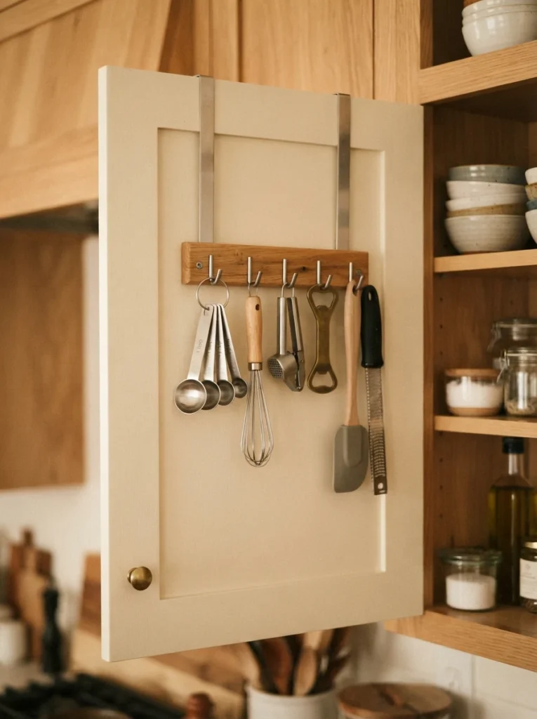 Hook-over hooks mounted on the inside of a cabinet door, holding measuring spoons and small tools, warm kitchen lighting, vertical Pinterest photography, warm door-interior styling.