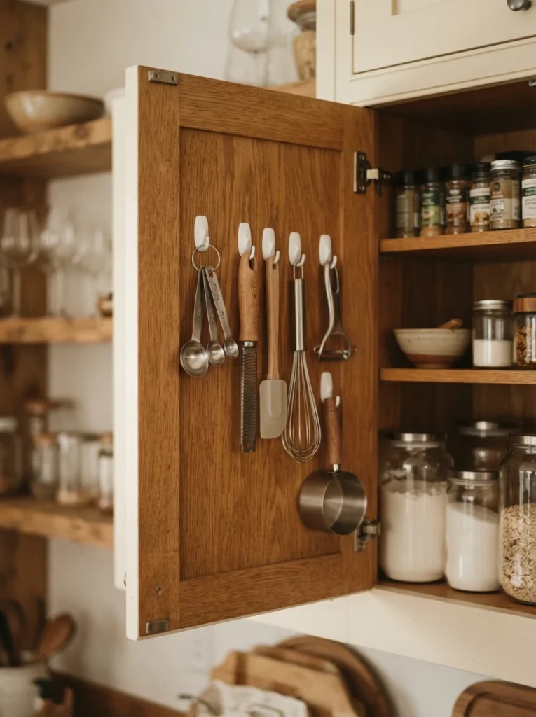 Small removable hooks mounted on the inside of a cabinet door, holding measuring spoons and small gadgets, cabinet open, warm lighting, vertical Pinterest photography, warm hidden-storage styling.