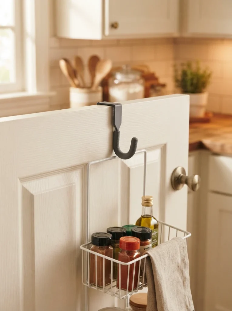 Rubber-coated hooks on an over-the-door organizer, protecting the pantry door's finish, warm kitchen lighting, vertical Pinterest photography, warm protective styling.