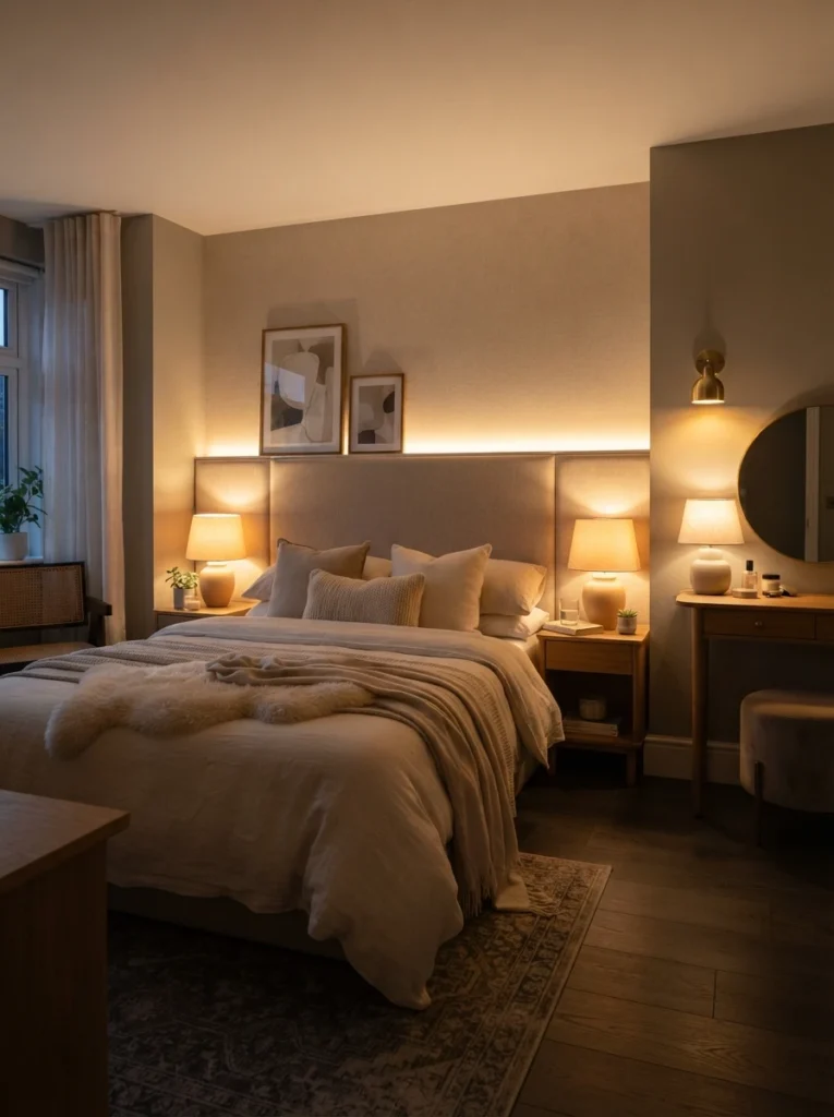  A small hotel-style bedroom showing three distinct lighting zones, warm bedside lamps, a soft ambient wall wash, and a small dressing area light, cozy neutral bedding, layered warm glow throughout, vertical Pinterest interior photography, warm inviting tones.
