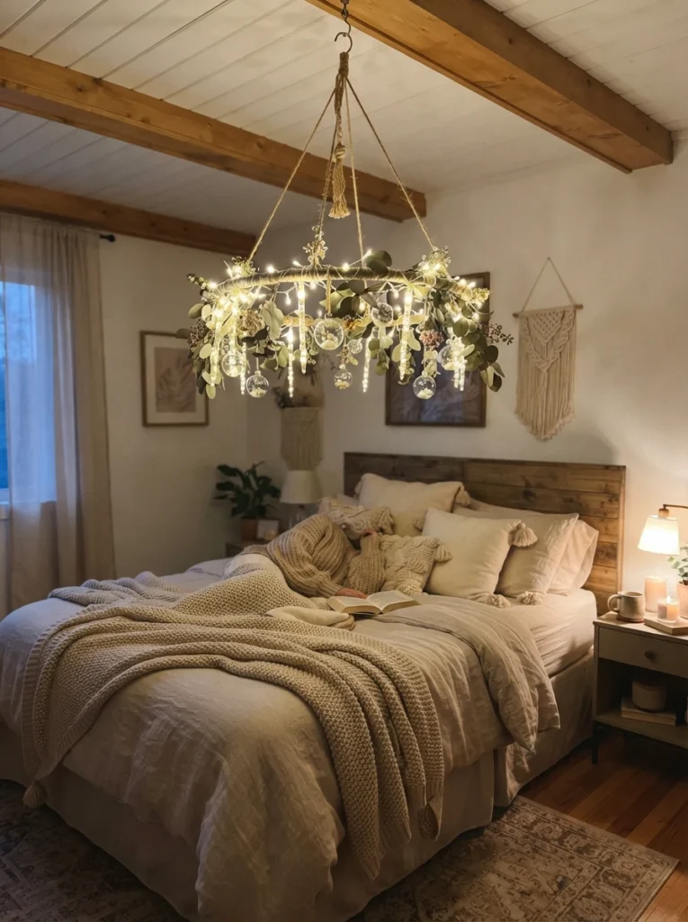 A DIY hula hoop chandelier wrapped in warm icicle fairy lights hanging from a bedroom ceiling, soft glowing centerpiece, cozy neutral bed below, evening ambiance, vertical Pinterest photography, warm whimsical styling.