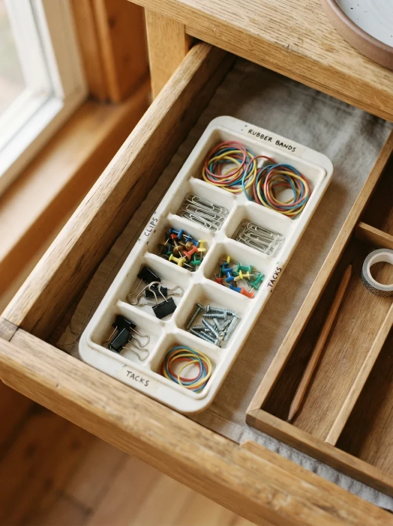 An ice cube tray repurposed inside a drawer, holding rubber bands, paper clips, and thumbtacks in separate compartments, warm kitchen lighting, vertical Pinterest photography, warm repurposed styling.
