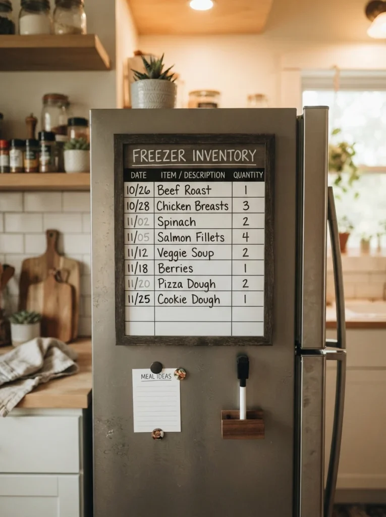 A dry-erase inventory board mounted on a freezer door, listing contents by date, warm kitchen lighting, vertical Pinterest photography, warm inventory styling.