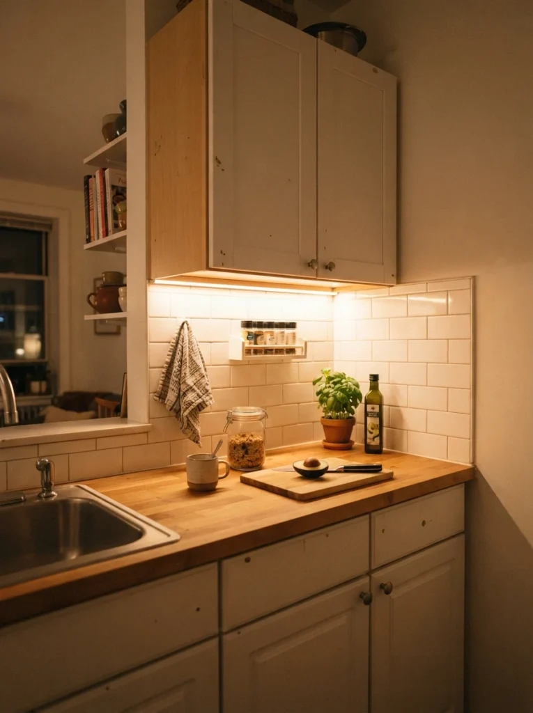Warm adhesive task lighting glowing under kitchen cabinets in a small apartment, functional cozy kitchen lighting, evening ambiance, vertical Pinterest photography, warm budget-friendly detail.