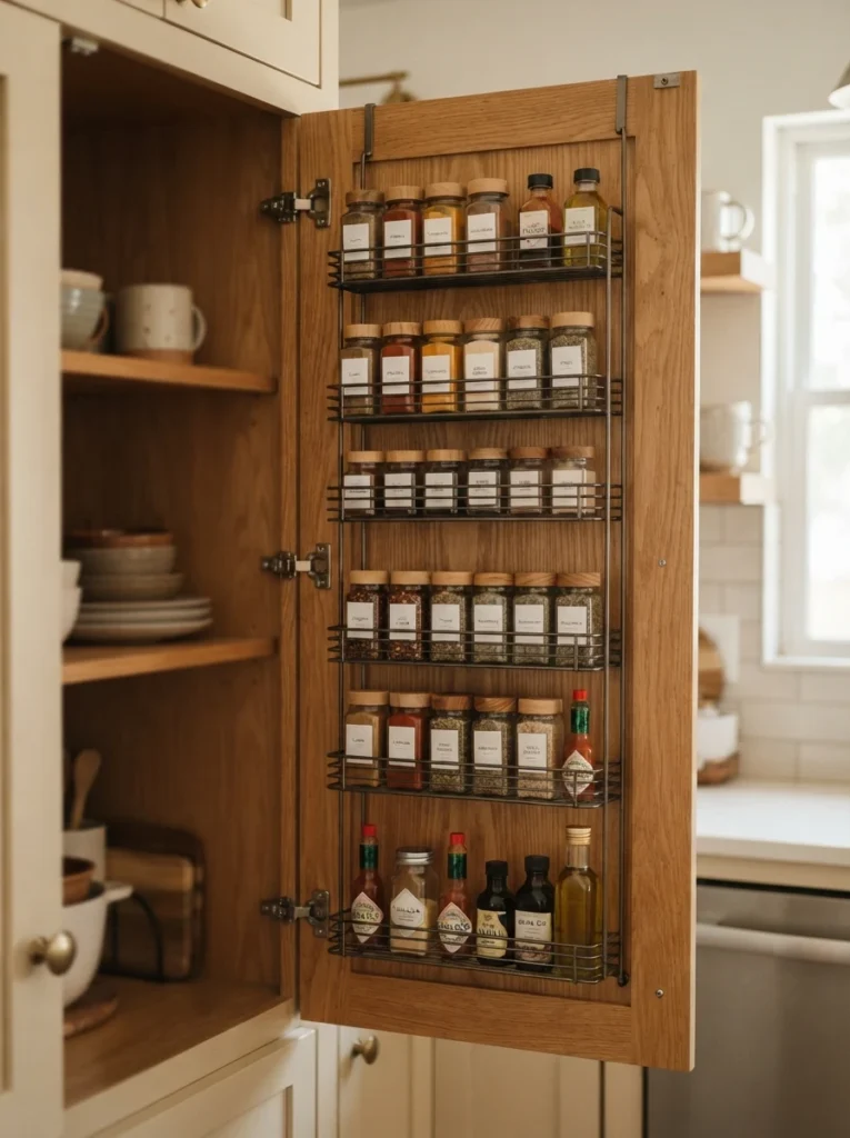 An open kitchen cabinet door featuring a multi-tiered metal wire rack attached to its interior, holding spices and small condiment jars, vertical Pinterest photography, warm cabinet-door styling.