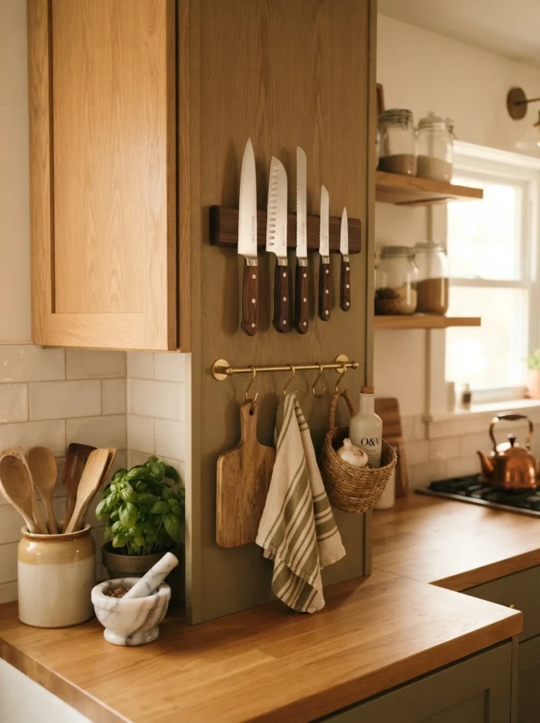 The exposed side of a kitchen cabinet holding a magnetic knife strip and hanging hooks, warm kitchen lighting, vertical Pinterest photography, warm side-surface styling.