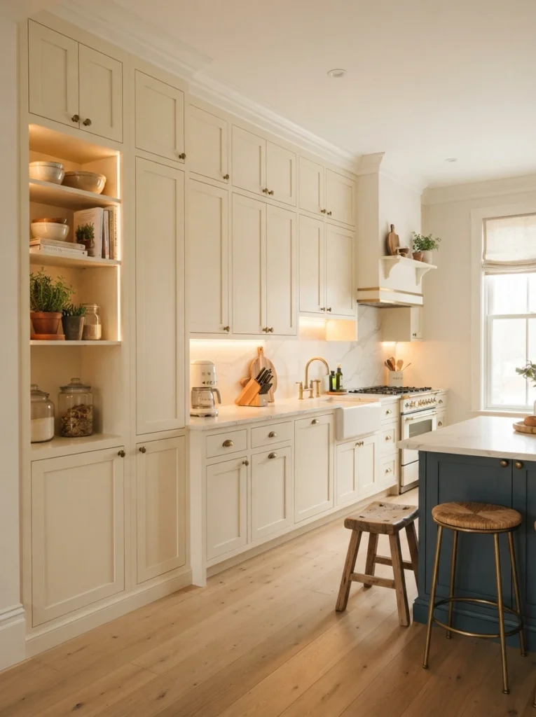 Kitchen cabinets extending all the way to the ceiling, no gap left above them, warm kitchen lighting, vertical Pinterest photography, warm full-height styling.