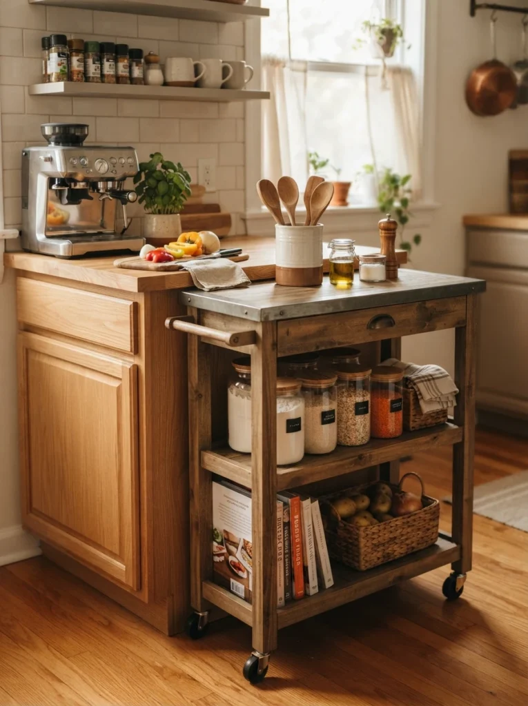 A rolling kitchen cart with shelves positioned beside a small kitchen counter, holding pantry items and serving as extra prep space, warm lighting, vertical Pinterest photography, warm mobile styling.