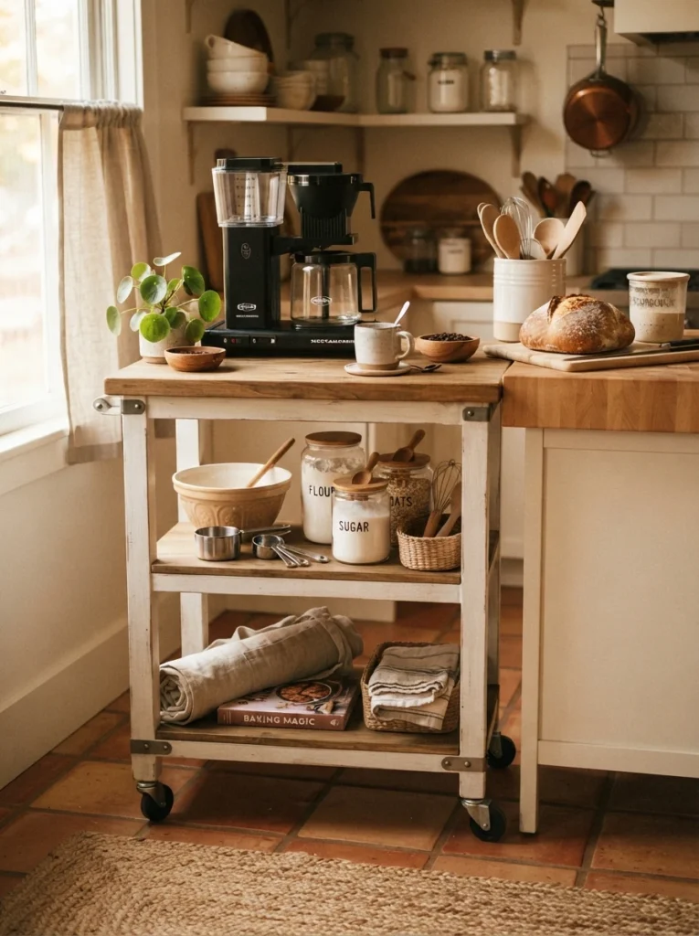 A rolling kitchen cart holding a coffee maker and baking supplies, positioned beside a counter, warm kitchen lighting, vertical Pinterest photography, warm mobile styling.