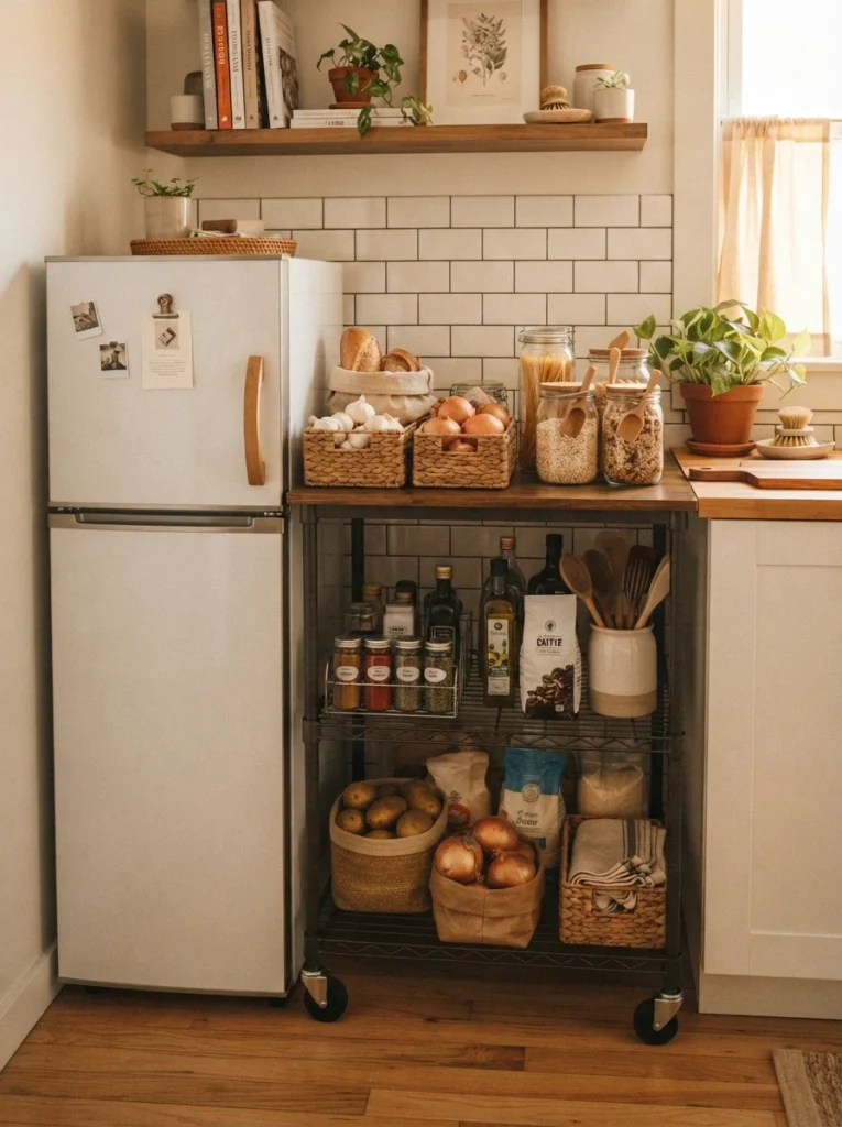A rolling kitchen cart with wire shelves holding pantry staples in baskets and jars, positioned beside a fridge in a small kitchen, warm lighting, vertical Pinterest photography, warm mobile styling.